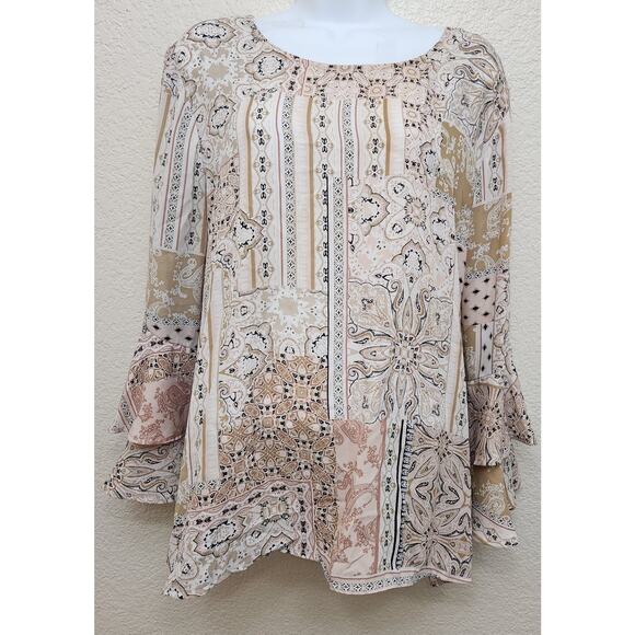 Cato Tan Black Pink Floral Print Bell Ruffled Sleeves Top XL Lightweight Flowy - Picture 1 of 6